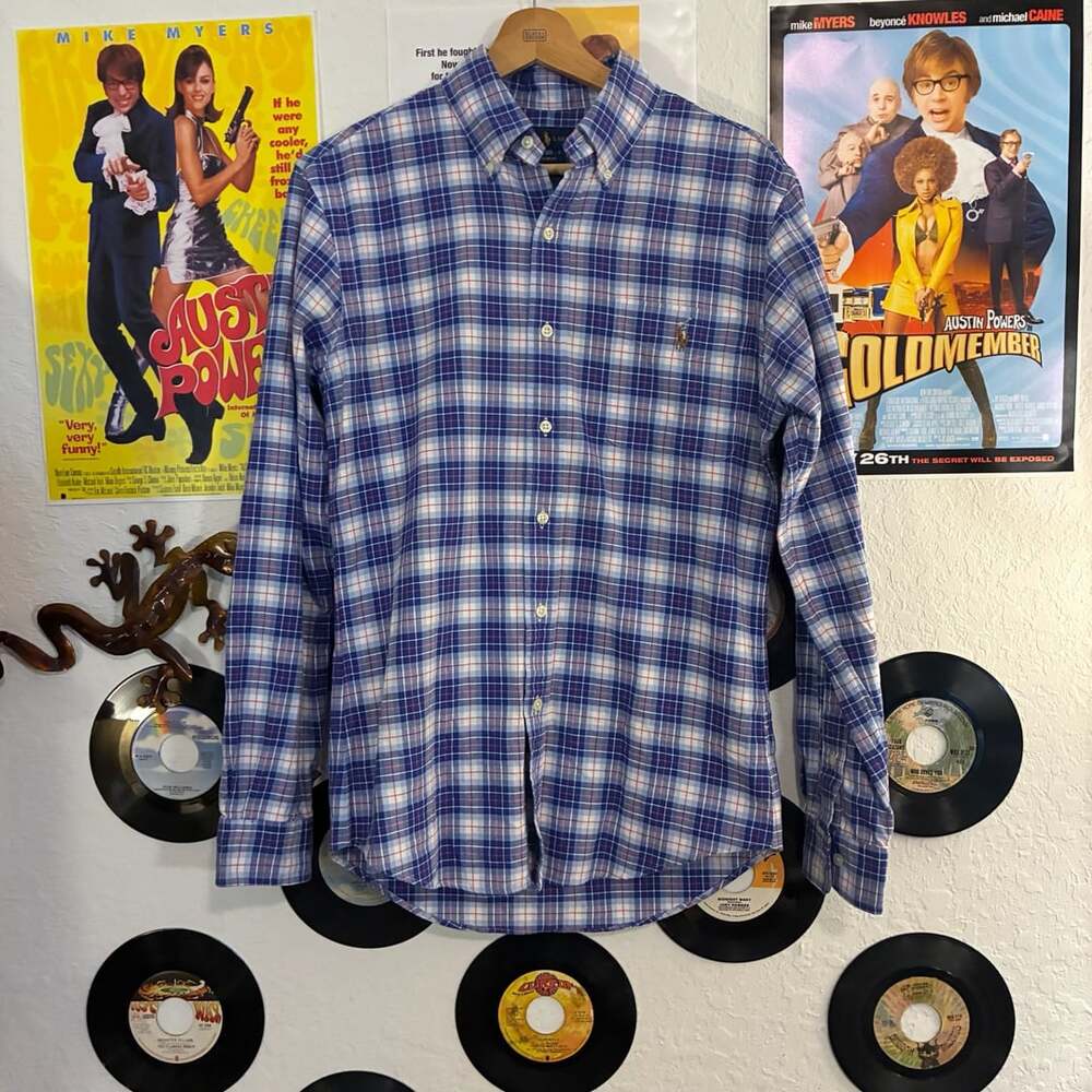 Ralph Lauren Men's Blue Plaid Slim Fit Button Down Long Sleeve Shirt Size S